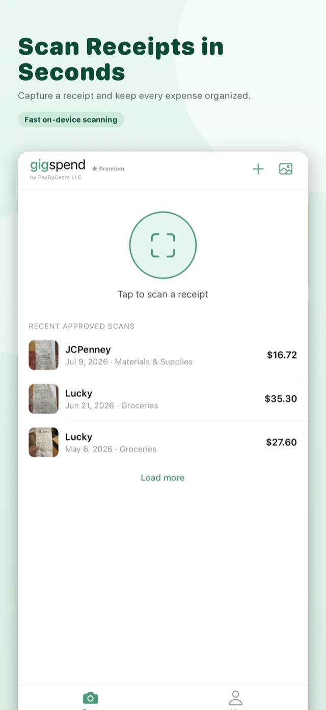 Gigspend scan screen with a button to tap and scan a receipt