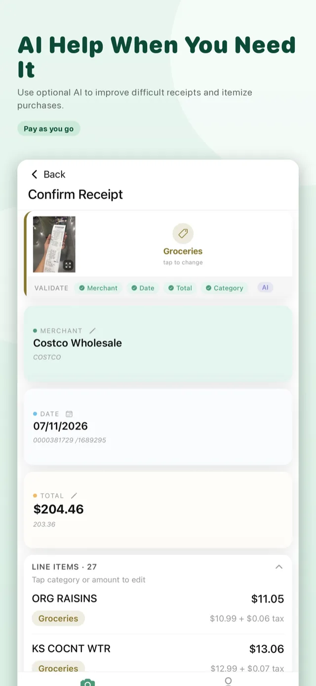Optional AI Assist screen improving a hard-to-read receipt and splitting out line items