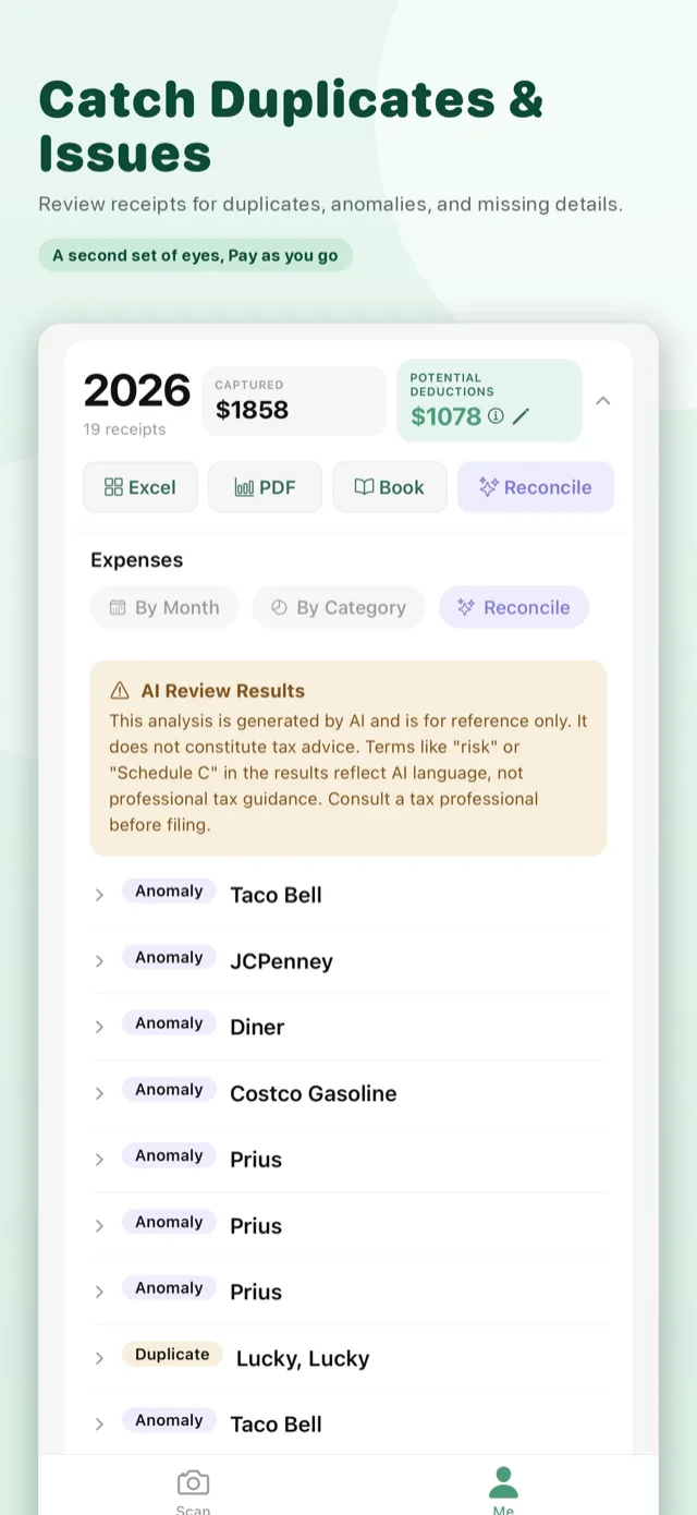Reconcile screen showing AI-flagged anomalies and duplicate receipts like Taco Bell and Lucky Lucky