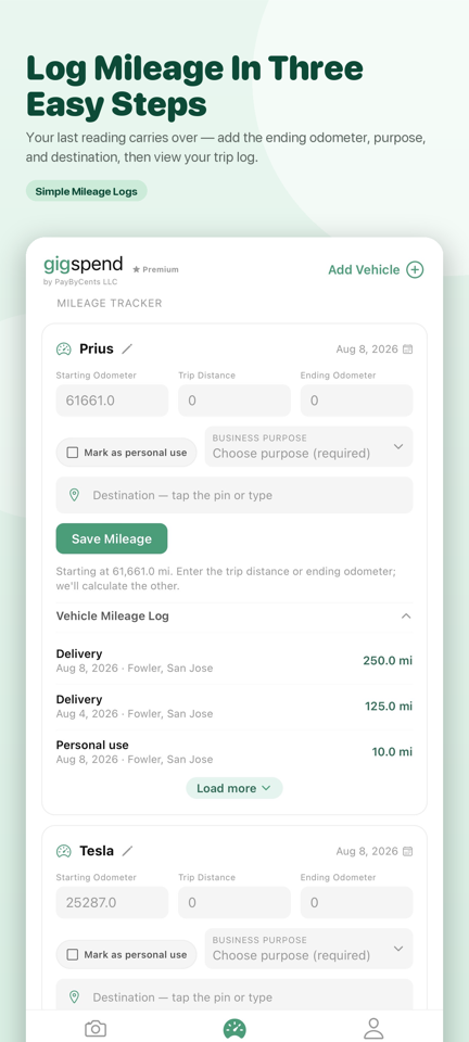 Mileage Tracker showing separate running odometer logs for multiple vehicles